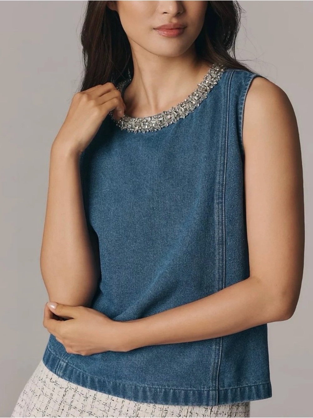 NWT. Mare Mare by Anthropologie Jeweled Neck Denim Tank Top, Dark Denim, Size XS